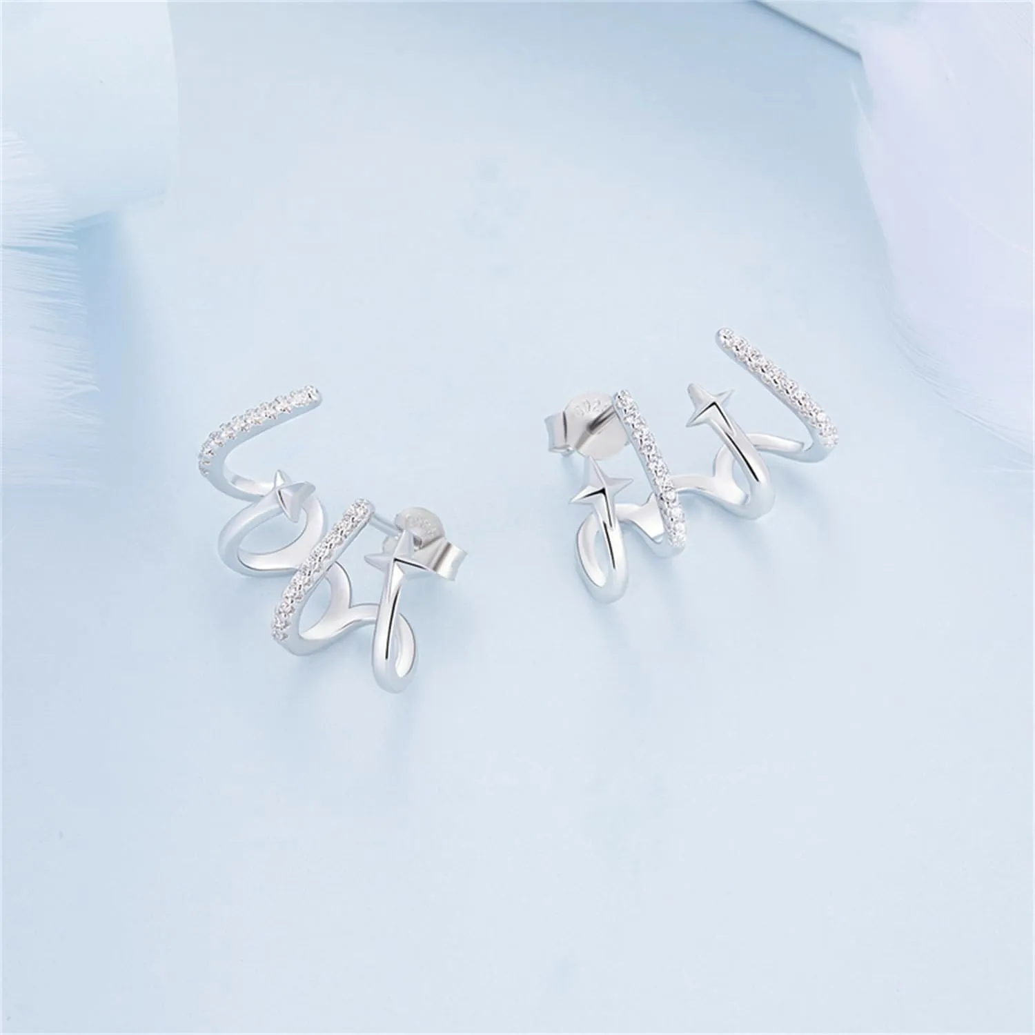 BISAER 925 Sterling Silver Triple Illusion Stud Earrings Double Huggie Hoop Earrings for One Hole Simple Trendy Claw Earring for Women Jewelry Gifts