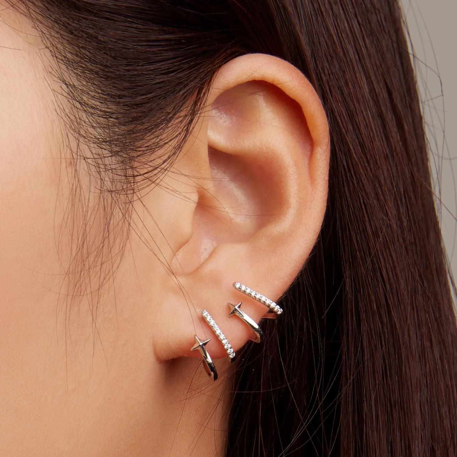 BISAER 925 Sterling Silver Triple Illusion Stud Earrings Double Huggie Hoop Earrings for One Hole Simple Trendy Claw Earring for Women Jewelry Gifts