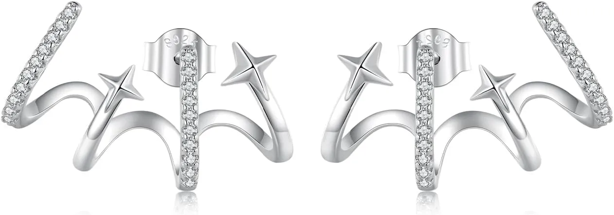 BISAER 925 Sterling Silver Triple Illusion Stud Earrings Double Huggie Hoop Earrings for One Hole Simple Trendy Claw Earring for Women Jewelry Gifts