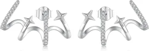 BISAER 925 Sterling Silver Triple Illusion Stud Earrings Double Huggie Hoop Earrings for One Hole Simple Trendy Claw Earring for Women Jewelry Gifts