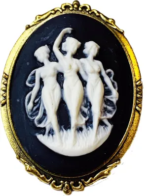 Black and White Three Graces Cameo Brooch Resin Goldtone