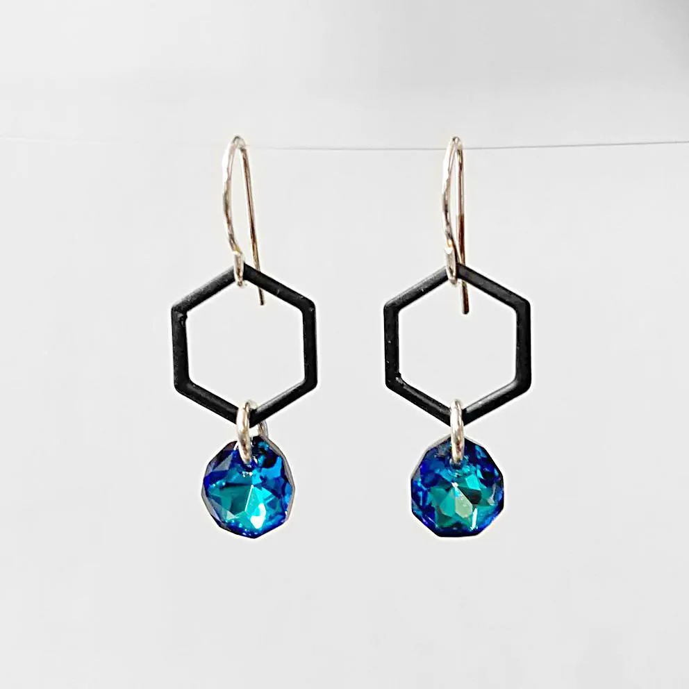 Black Coated Brass Hexagon with Crystals Earrings