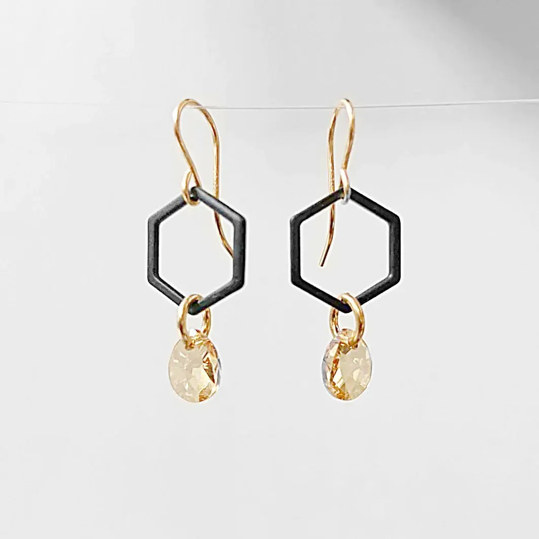 Black Coated Brass Hexagon with Crystals Earrings