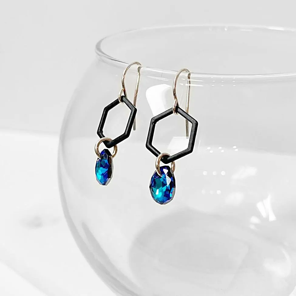 Black Coated Brass Hexagon with Crystals Earrings
