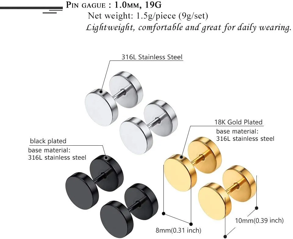 Black Gold Stainless Steel Earring Set for Men Women Goth Gothic Jewelry Punk Spiked Spike Earrings(with Box)