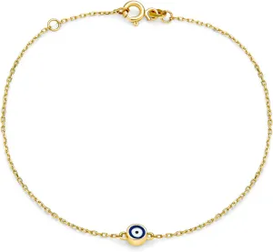 Bling Jewelry Simple Minimalist 14K Real Yellow Gold Amulet Protection Blue Tiny Evil Eye Charm Bracelet For Teen For Women 6.5-7 Inch Adjustable Made In Turkey