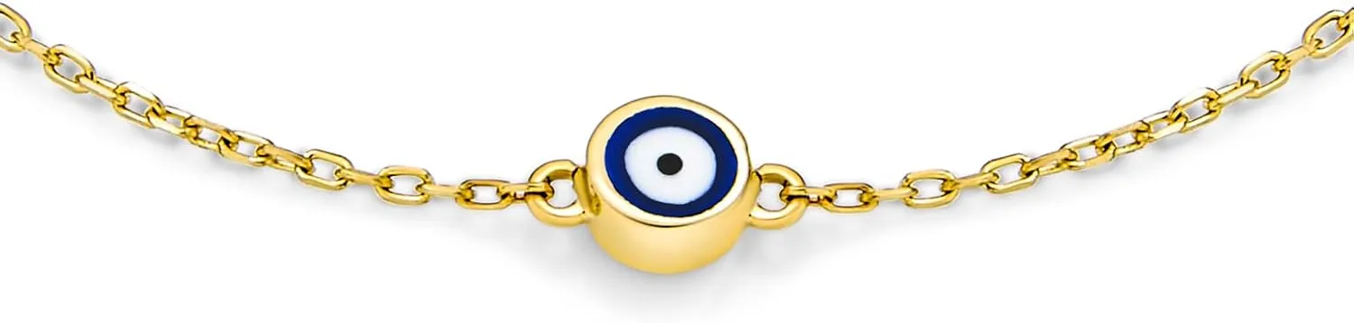 Bling Jewelry Simple Minimalist 14K Real Yellow Gold Amulet Protection Blue Tiny Evil Eye Charm Bracelet For Teen For Women 6.5-7 Inch Adjustable Made In Turkey