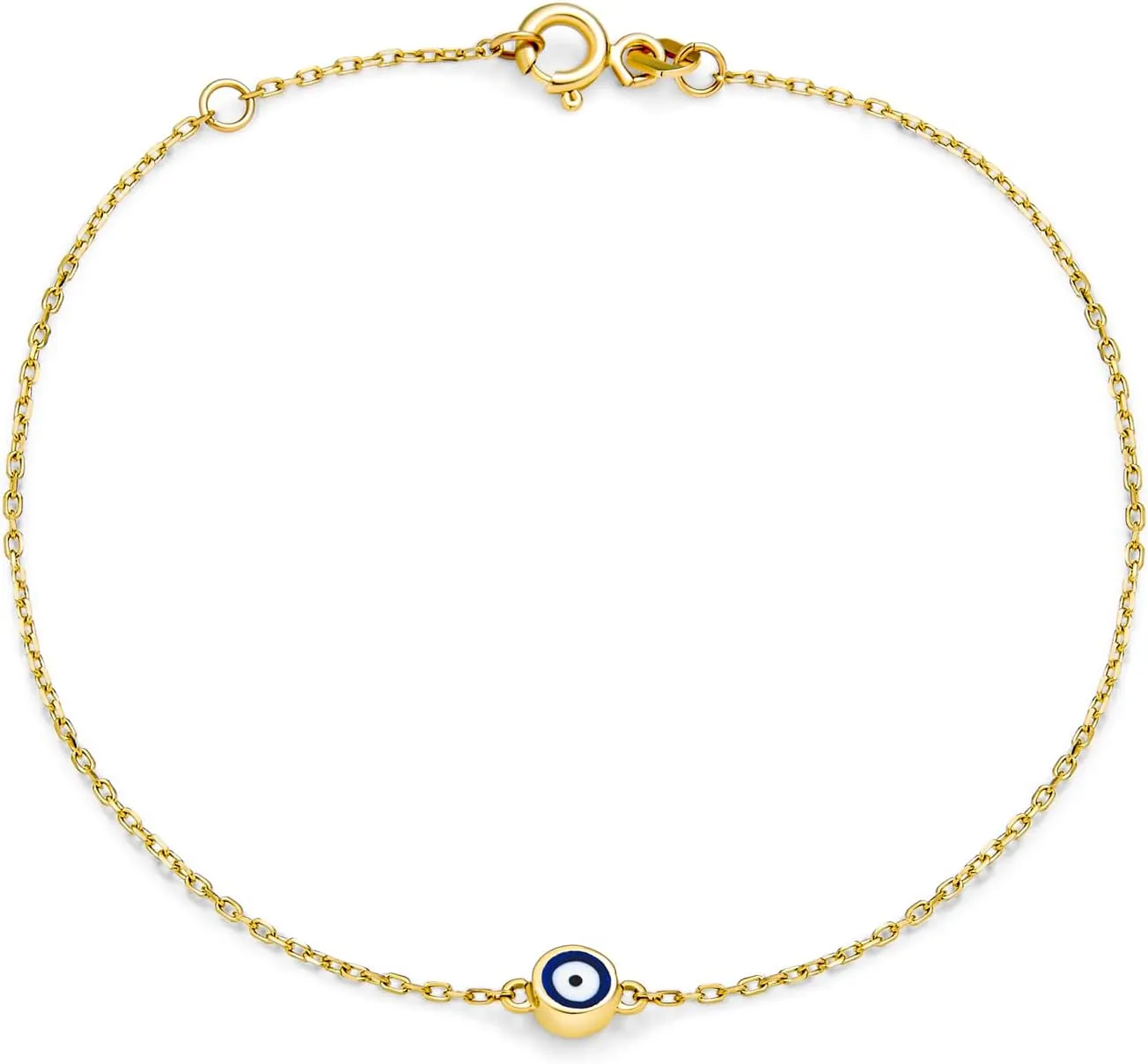 Bling Jewelry Simple Minimalist 14K Real Yellow Gold Amulet Protection Blue Tiny Evil Eye Charm Bracelet For Teen For Women 6.5-7 Inch Adjustable Made In Turkey