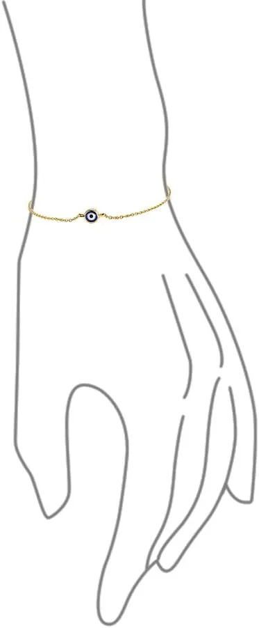 Bling Jewelry Simple Minimalist 14K Real Yellow Gold Amulet Protection Blue Tiny Evil Eye Charm Bracelet For Teen For Women 6.5-7 Inch Adjustable Made In Turkey