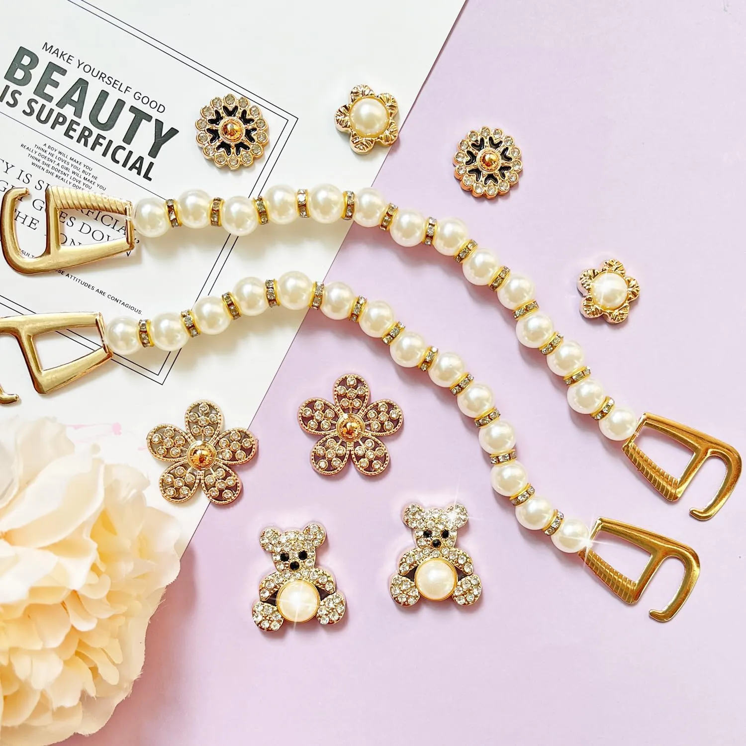 Bling Shoe Charms for Women and Girls,Girly Golden Bling Shoe Charms for Clog,Diamond Bling Chain Charms Cute Designer Shoe Decoration Jewels Birthday Gifts Party Favors