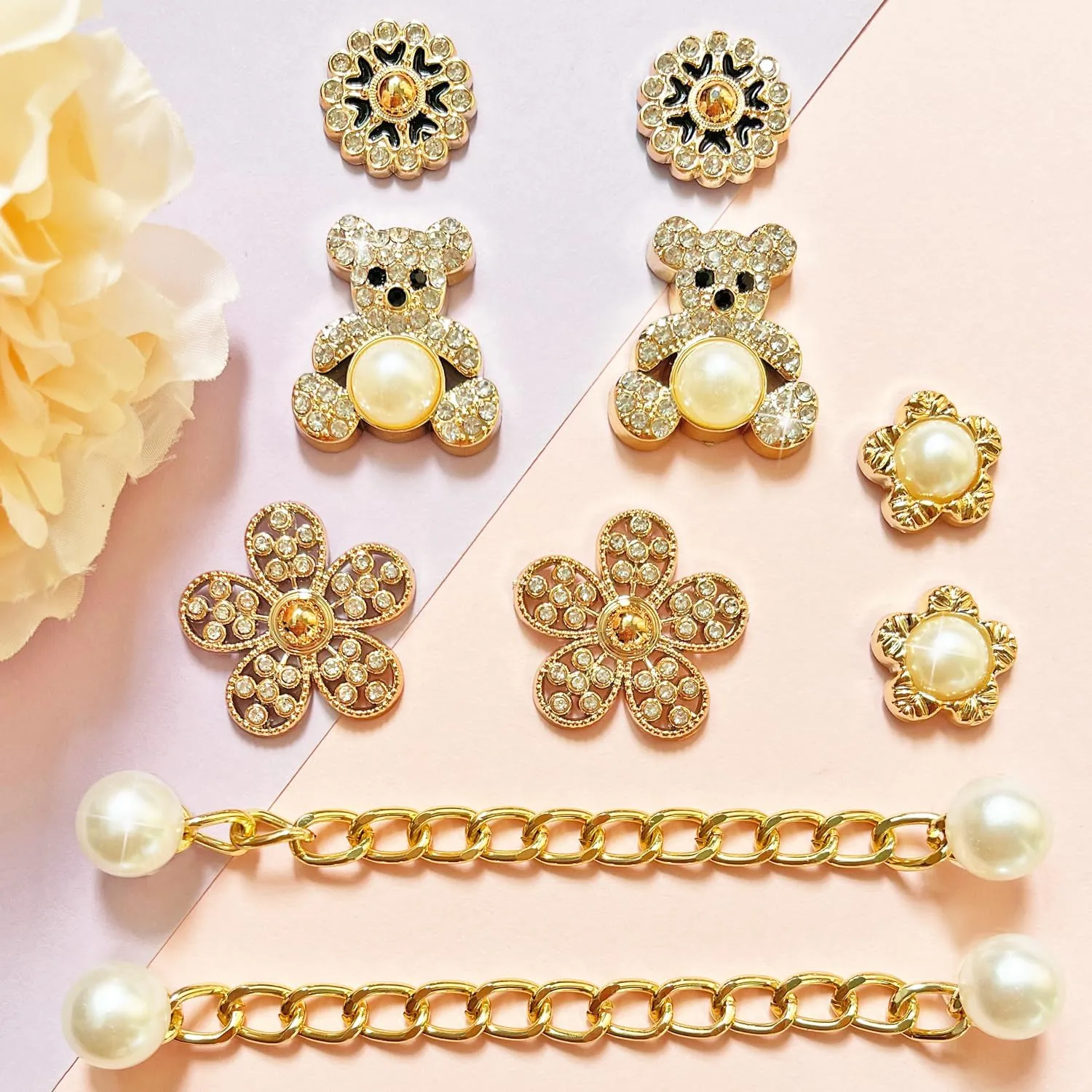 Bling Shoe Charms for Women and Girls,Girly Golden Bling Shoe Charms for Clog,Diamond Bling Chain Charms Cute Designer Shoe Decoration Jewels Birthday Gifts Party Favors