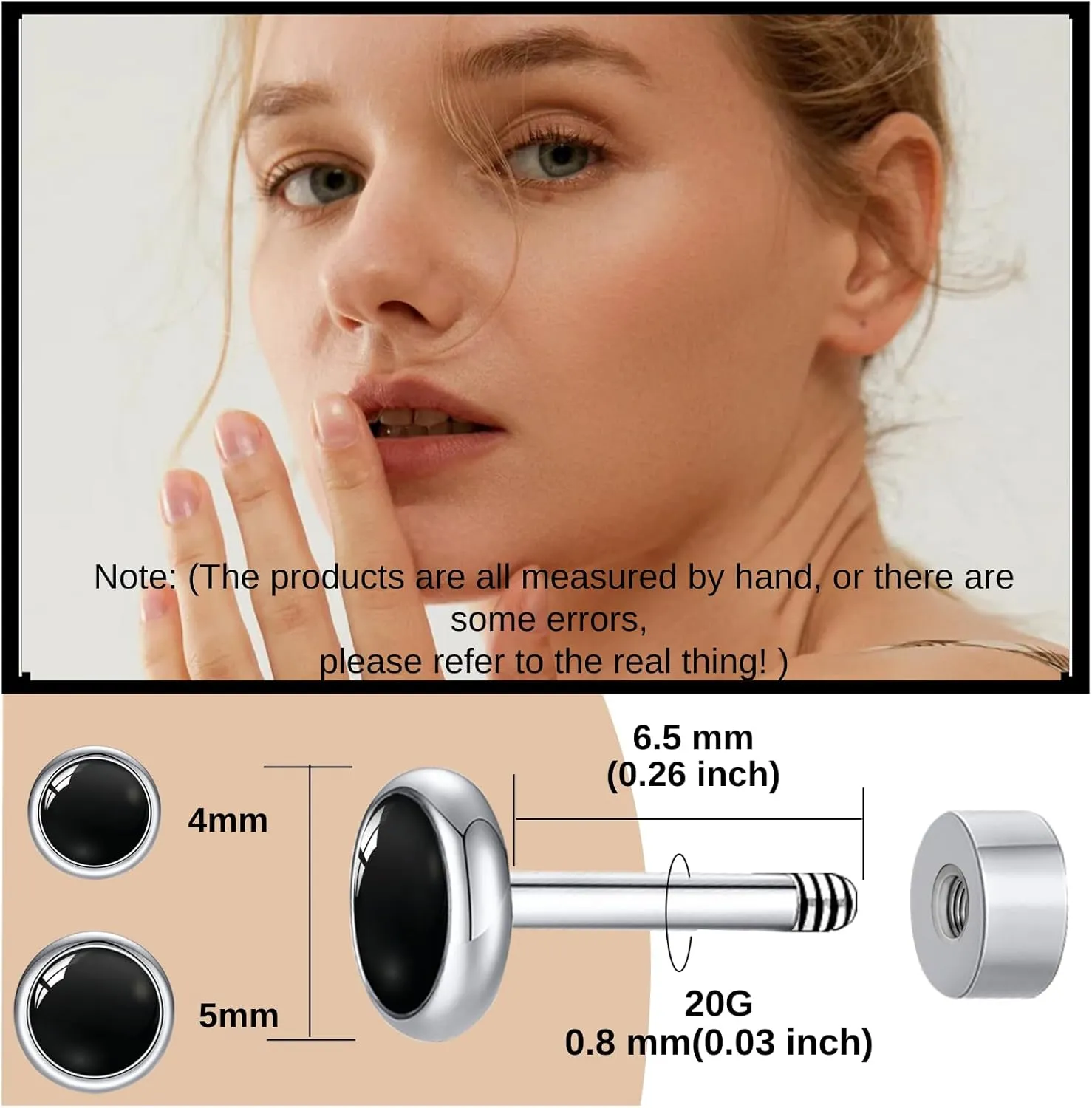BLISI Black Onyx Pure Titanium Stud Earrings 4mm 5mm Natural Stone Women Earrings Hypoallergenic Gemstone Earring for Sensitive Ears 20G