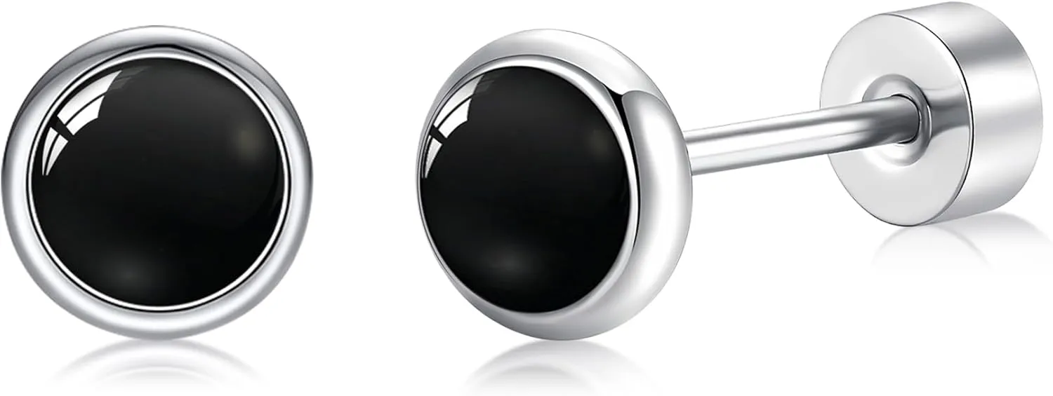 BLISI Black Onyx Pure Titanium Stud Earrings 4mm 5mm Natural Stone Women Earrings Hypoallergenic Gemstone Earring for Sensitive Ears 20G