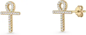 Blue Apple Co Minimalist 13.9mm Ankh Cross Stud Earrings Cubic Zirconia Vintage Style Butterfly Push Back Earrings For Women 925 Sterling Silver Gift For Her