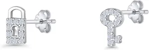 Blue Apple Co Minimalist 7.2mm Lock & Key Stud Earrings Round Cubic Zirconia Vintage Style Butterflly Push Back Earrings For Women 925 Sterling Silver Birthday Gift For Her