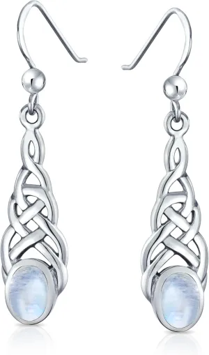 Blue Topaz Purple Amethyst Moonstone Oval Gemstone Irish Love Celtic Knot Dangle Earrings For Women Teen .925 Sterling Silver Fish Wire Hook