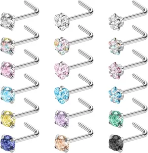 BodyAce 18pcs Stainless Steel Nose Studs Rings, 20 Gauge L Shaped stud Nose Rings for Women, Mix Colors 3mm Diamond CZ Nostril Nose Piercing Jewelry