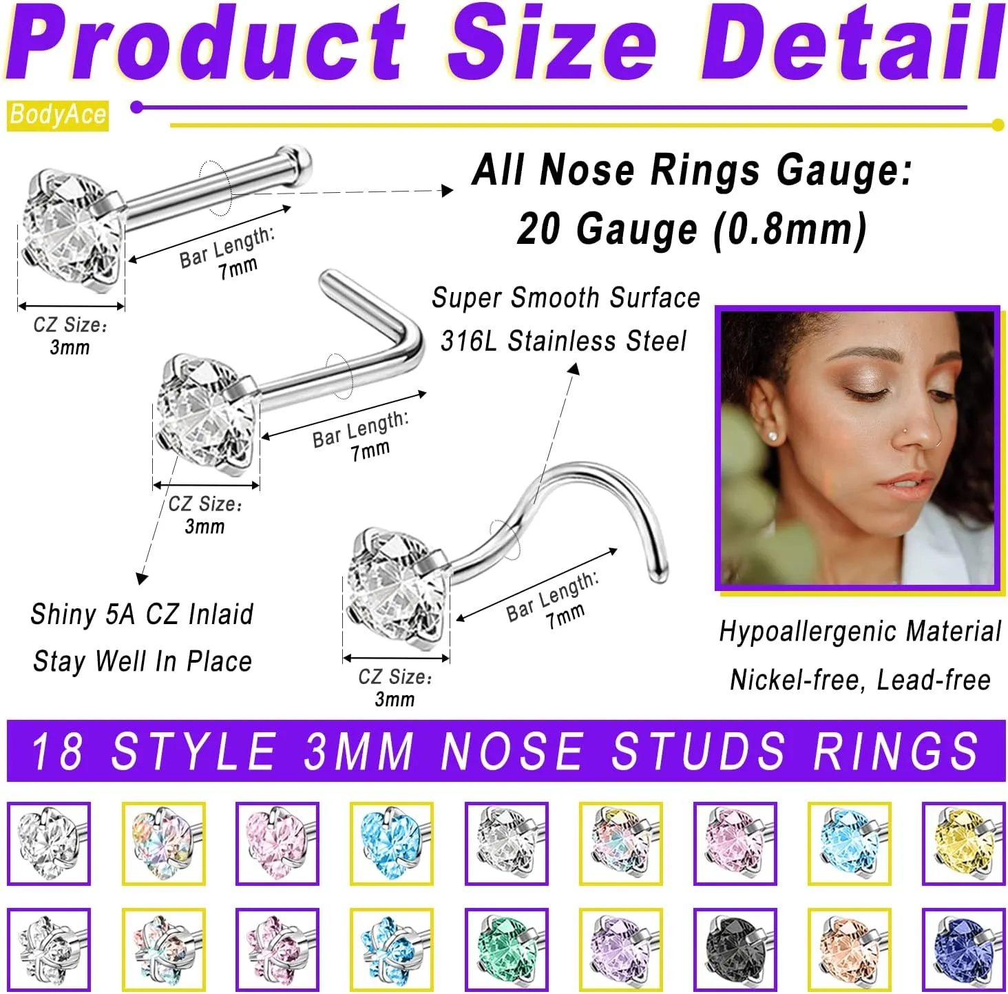 BodyAce 18pcs Stainless Steel Nose Studs Rings, 20 Gauge L Shaped stud Nose Rings for Women, Mix Colors 3mm Diamond CZ Nostril Nose Piercing Jewelry