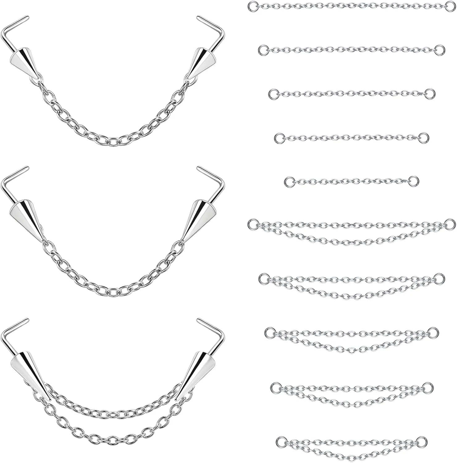 BodyAce 20G Spike Nose Rings Studs with Chains, Stainless Steel Spike Nostril Ring Stud Chain, Black Rook Corkscrew Ring L-Shaped Nose Piercing Jewelry