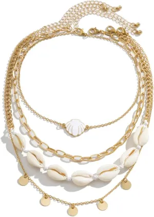 Bohemian Beach Charm Necklace for Women Imitation Pearl Gold Plated Layered Sequins Conch Starfish Shell Choker Stacked Beach Jewelry Holiday Summer Beaded Necklace Set Gifts