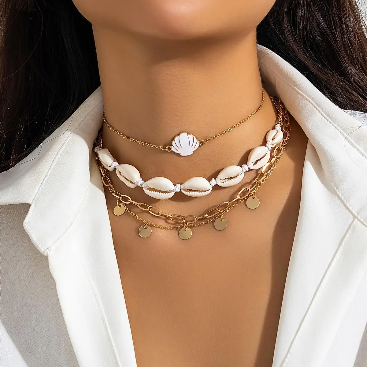 Bohemian Beach Charm Necklace for Women Imitation Pearl Gold Plated Layered Sequins Conch Starfish Shell Choker Stacked Beach Jewelry Holiday Summer Beaded Necklace Set Gifts