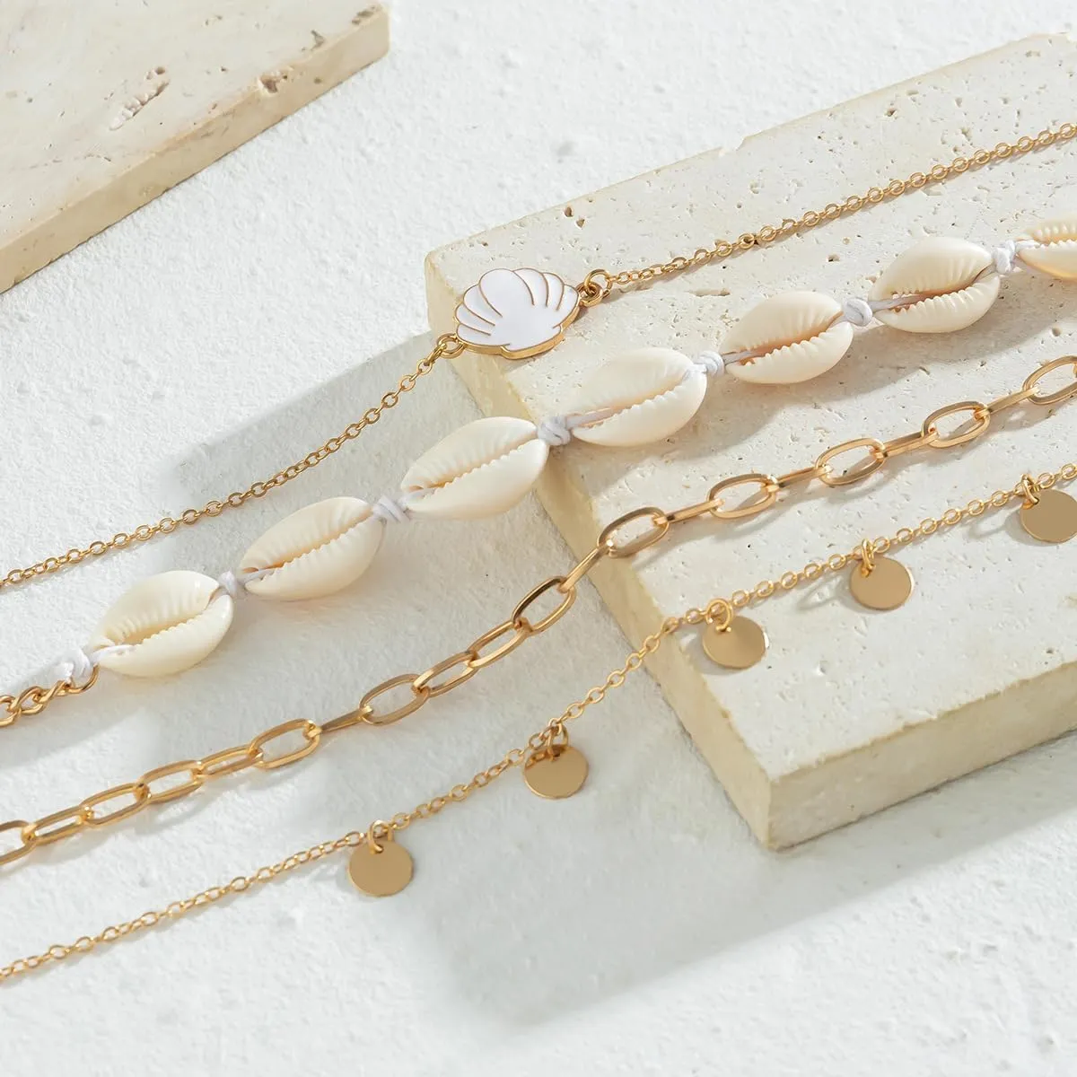 Bohemian Beach Charm Necklace for Women Imitation Pearl Gold Plated Layered Sequins Conch Starfish Shell Choker Stacked Beach Jewelry Holiday Summer Beaded Necklace Set Gifts