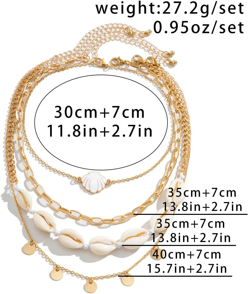 Bohemian Beach Charm Necklace for Women Imitation Pearl Gold Plated Layered Sequins Conch Starfish Shell Choker Stacked Beach Jewelry Holiday Summer Beaded Necklace Set Gifts