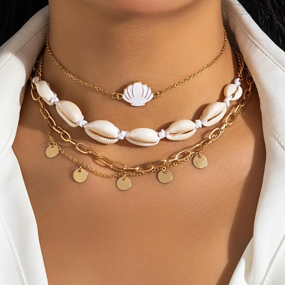 Bohemian Beach Charm Necklace for Women Imitation Pearl Gold Plated Layered Sequins Conch Starfish Shell Choker Stacked Beach Jewelry Holiday Summer Beaded Necklace Set Gifts