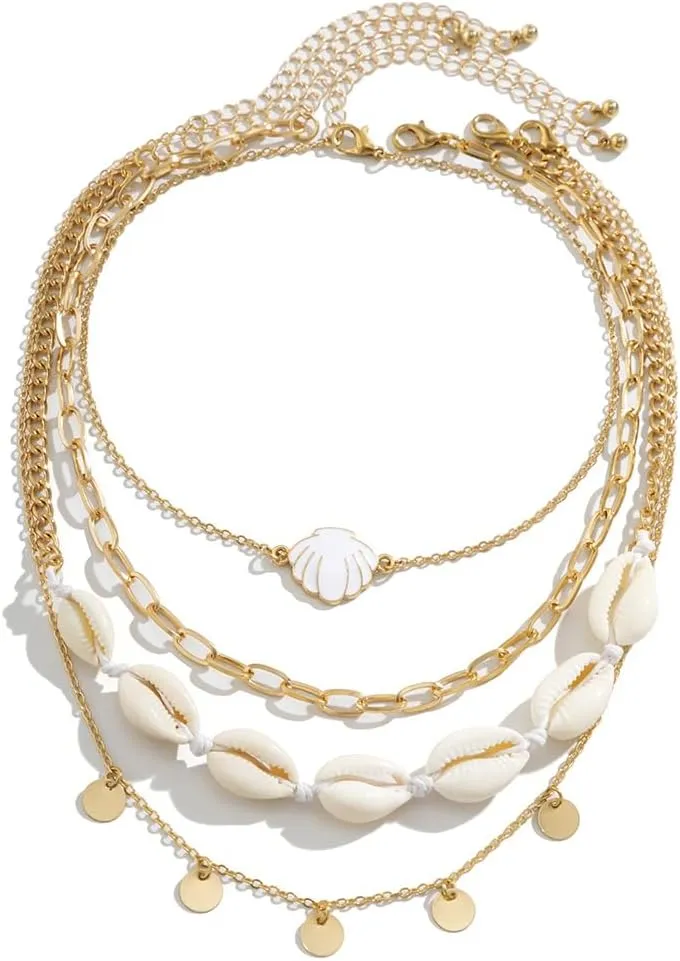 Bohemian Beach Charm Necklace for Women Imitation Pearl Gold Plated Layered Sequins Conch Starfish Shell Choker Stacked Beach Jewelry Holiday Summer Beaded Necklace Set Gifts