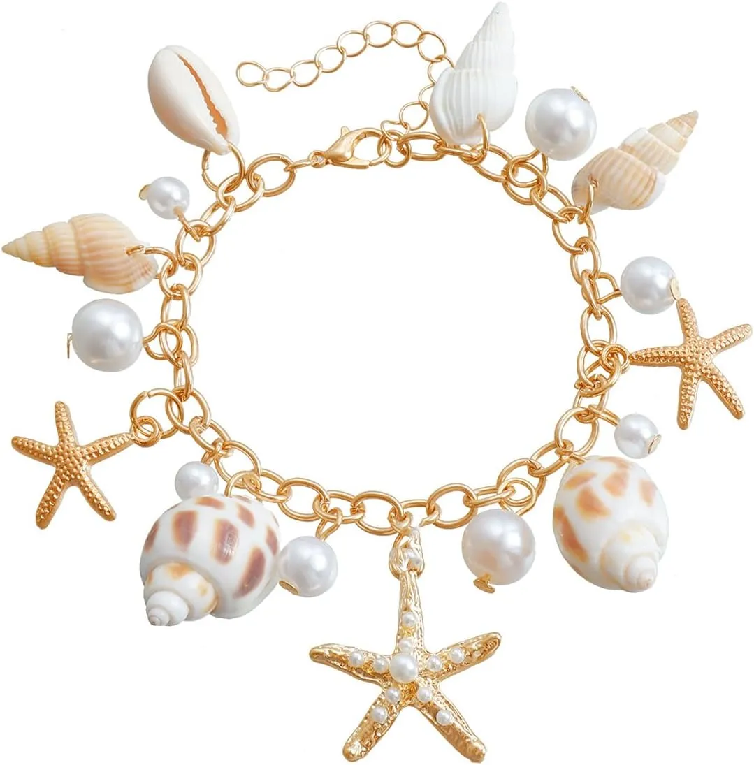Bohemian Ocean Style Bracelet for Women Fashion Starfish Shell Conch Bracelet Summer Shell Pearl Bracelet Charm Beach Starfish Bracelet Adjustable Summer Bracelets Hawaiian Beach Charm Jewelry