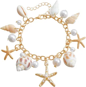 Bohemian Ocean Style Bracelet for Women Fashion Starfish Shell Conch Bracelet Summer Shell Pearl Bracelet Charm Beach Starfish Bracelet Adjustable Summer Bracelets Hawaiian Beach Charm Jewelry