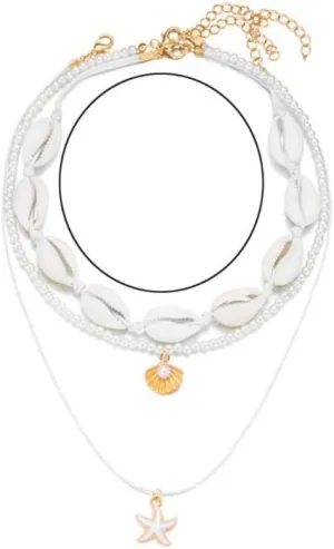 Bohemian Puka Shell Starfish Scallop Choker Necklace for Women Boho Handmade Summer Beach Seashell Imitation Pearl Layered Necklace Hawaii Holiday Jewelry Gift