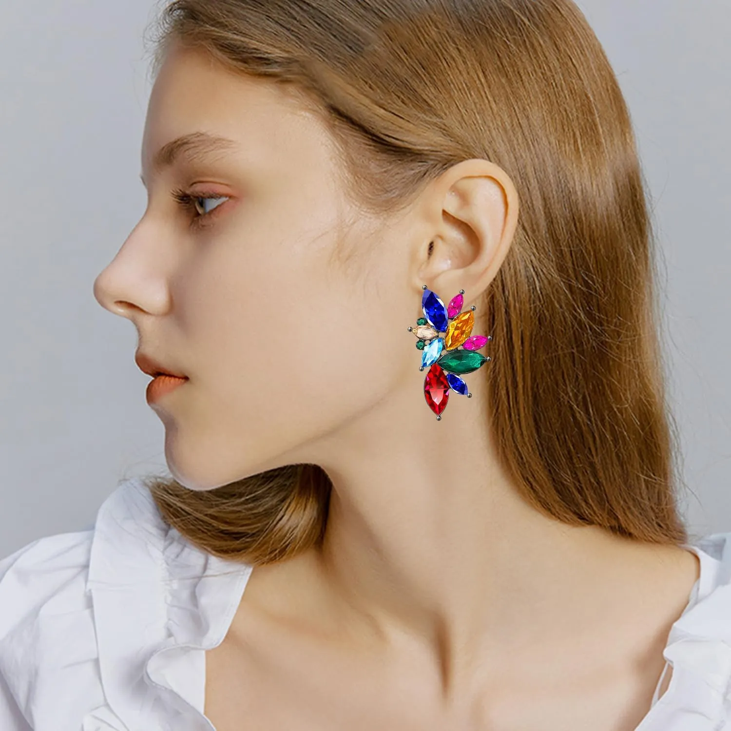 Bohemian Statement Sparkly Colourful Fancy Rhinestone Crystal Flower Dangle Drop Stud Earrings Vintage Wedding Bridal Prom Earrings for Women