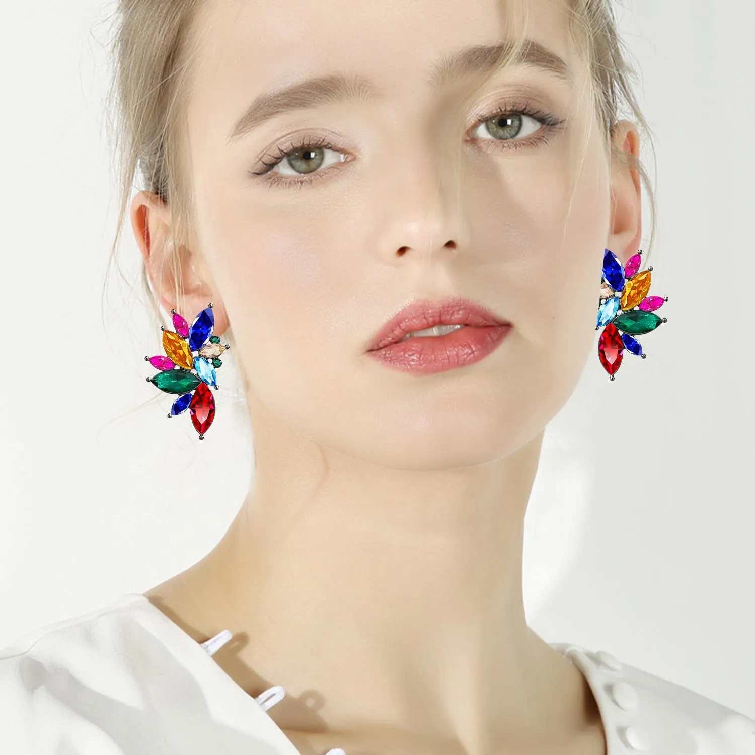 Bohemian Statement Sparkly Colourful Fancy Rhinestone Crystal Flower Dangle Drop Stud Earrings Vintage Wedding Bridal Prom Earrings for Women