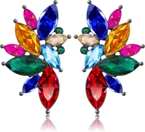 Bohemian Statement Sparkly Colourful Fancy Rhinestone Crystal Flower Dangle Drop Stud Earrings Vintage Wedding Bridal Prom Earrings for Women