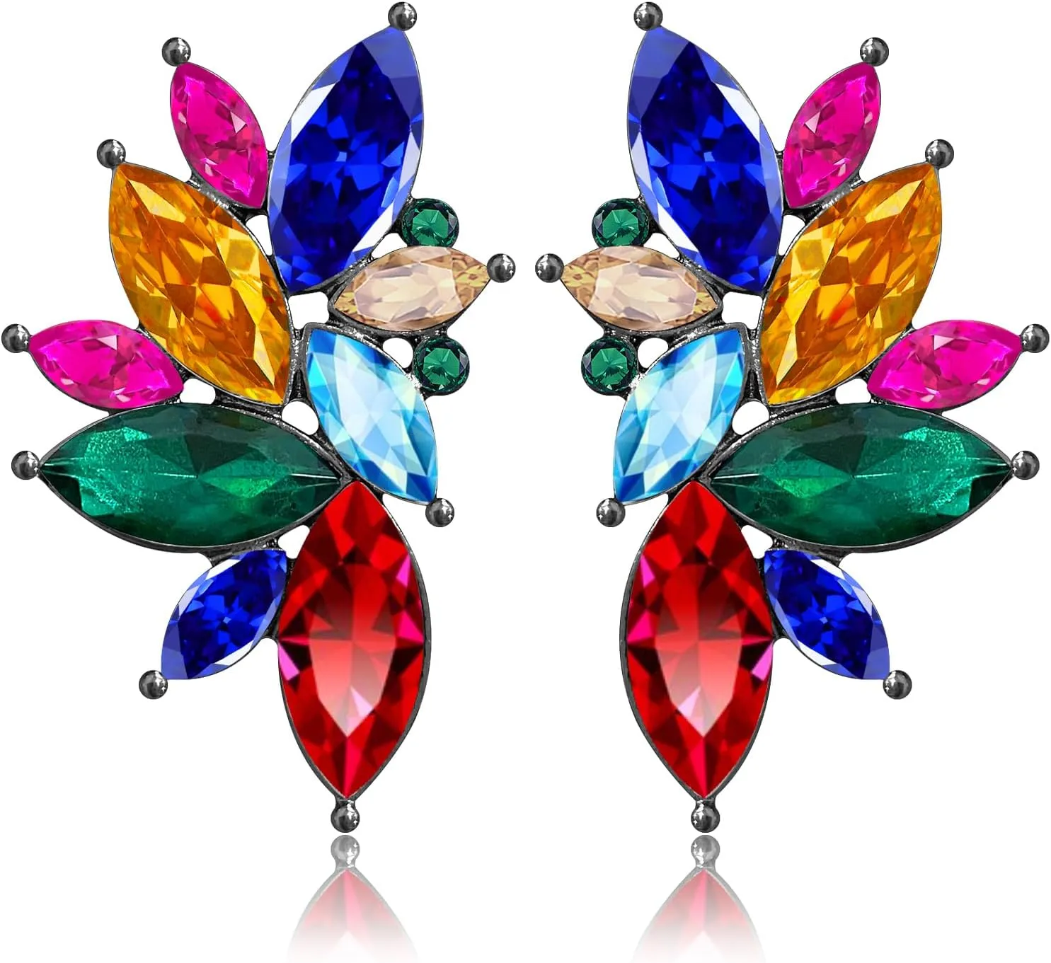 Bohemian Statement Sparkly Colourful Fancy Rhinestone Crystal Flower Dangle Drop Stud Earrings Vintage Wedding Bridal Prom Earrings for Women