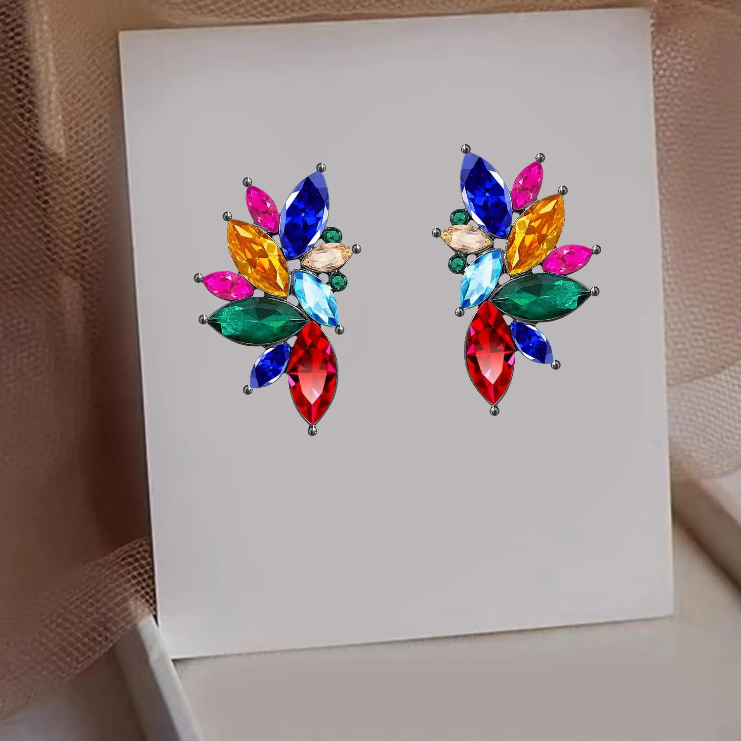 Bohemian Statement Sparkly Colourful Fancy Rhinestone Crystal Flower Dangle Drop Stud Earrings Vintage Wedding Bridal Prom Earrings for Women