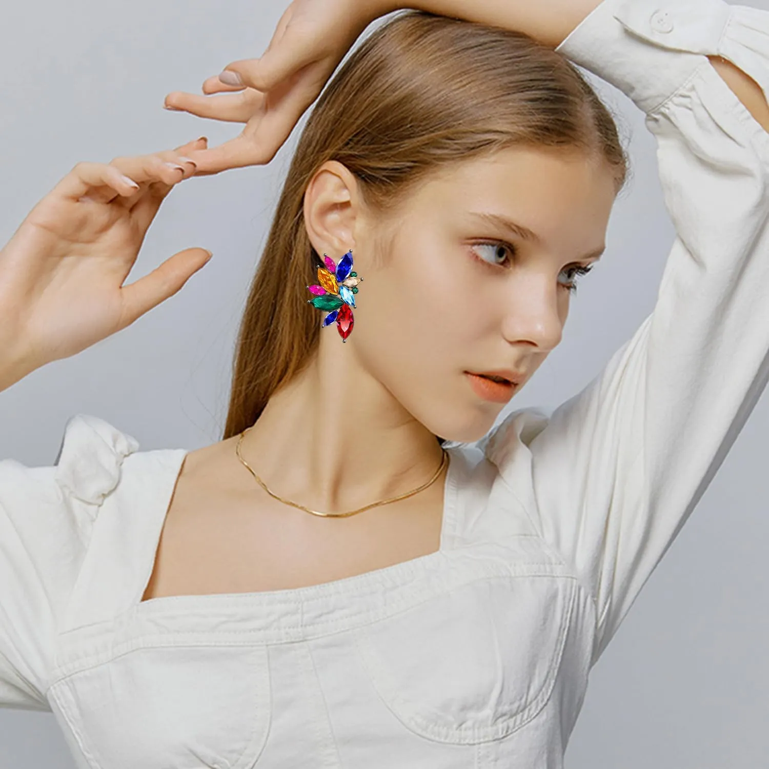 Bohemian Statement Sparkly Colourful Fancy Rhinestone Crystal Flower Dangle Drop Stud Earrings Vintage Wedding Bridal Prom Earrings for Women