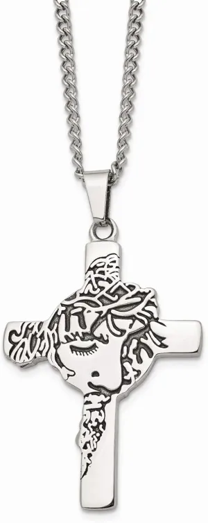 Bonyak Jewelry Chisel Stainless Steel Antiqued & Polished Jesus Face Cross Pendant on a 24 inc