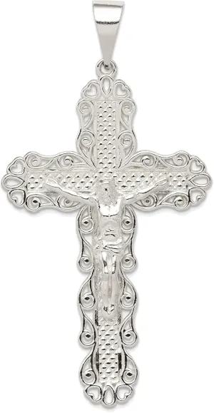 Bonyak Jewelry Sterling Silver Polished and Textured Large Floral Cross with Jesus Pendant