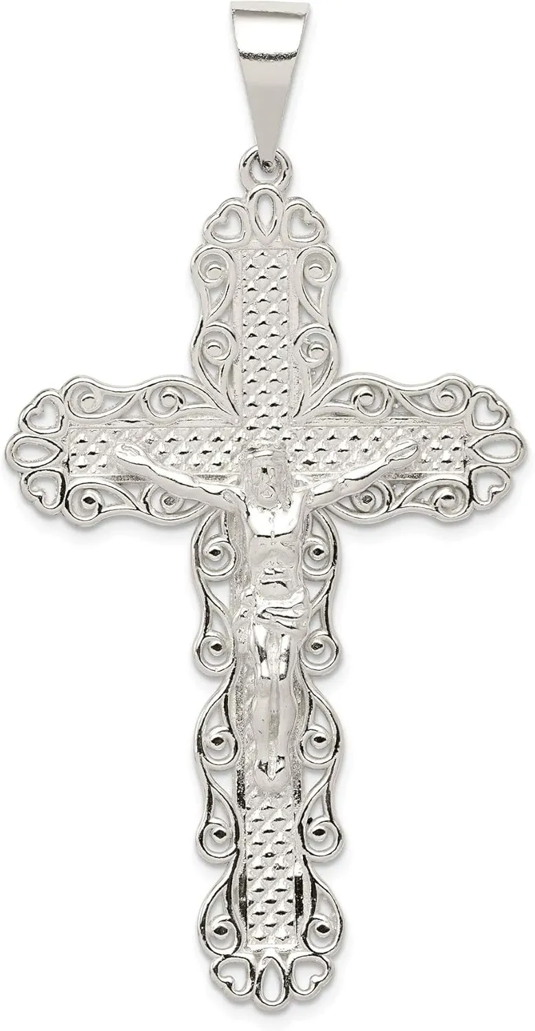 Bonyak Jewelry Sterling Silver Polished and Textured Large Floral Cross with Jesus Pendant