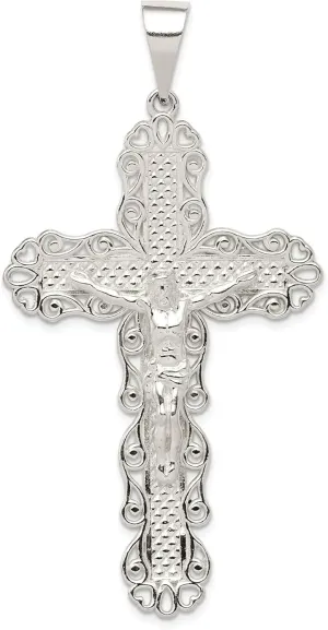 Bonyak Jewelry Sterling Silver Polished and Textured Large Floral Cross with Jesus Pendant