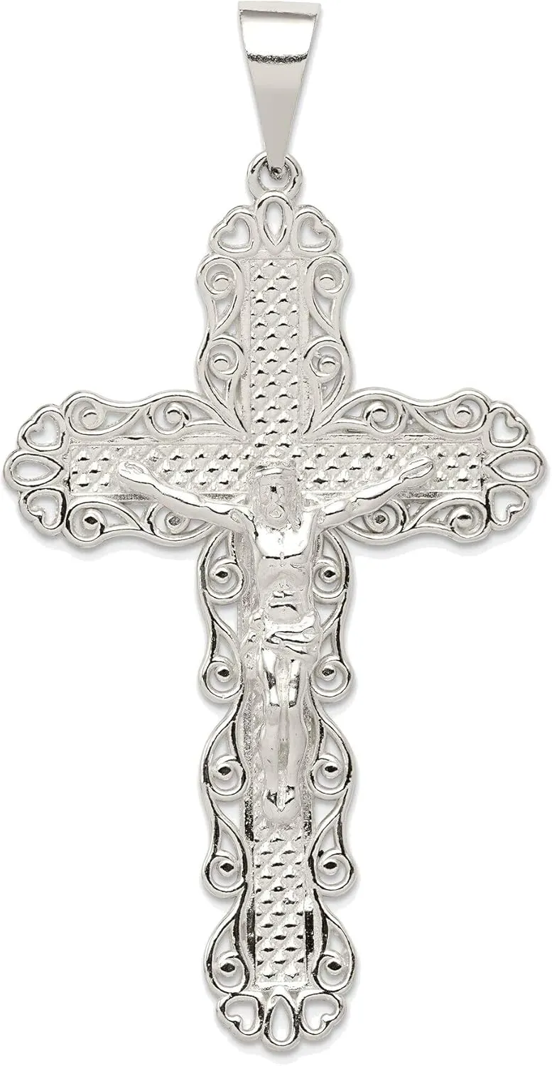 Bonyak Jewelry Sterling Silver Polished and Textured Large Floral Cross with Jesus Pendant