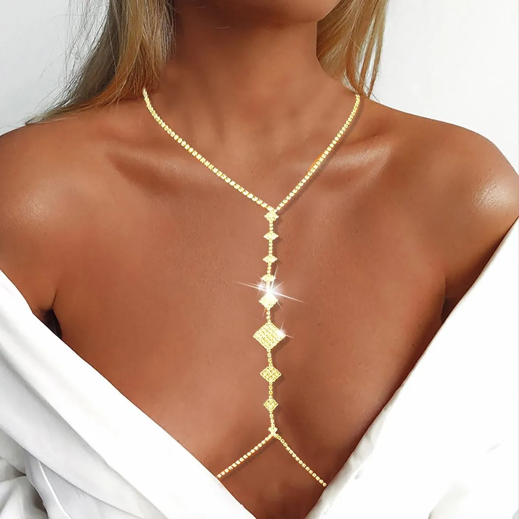 Bounzhi Sexy Rhinestone Body Chain Bra Crystal Body Jewelry Boho Bikini Body Necklace Crossover for Women and Girls (C)