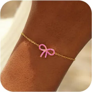 Bow Bracelet for Women 925 Sterling Silver 14K Gold Plated Adjustable Charm Bracelet Cute Dainty CZ Knot Friendship Link Bracelets Jewelry Birthday Graduation Gifts