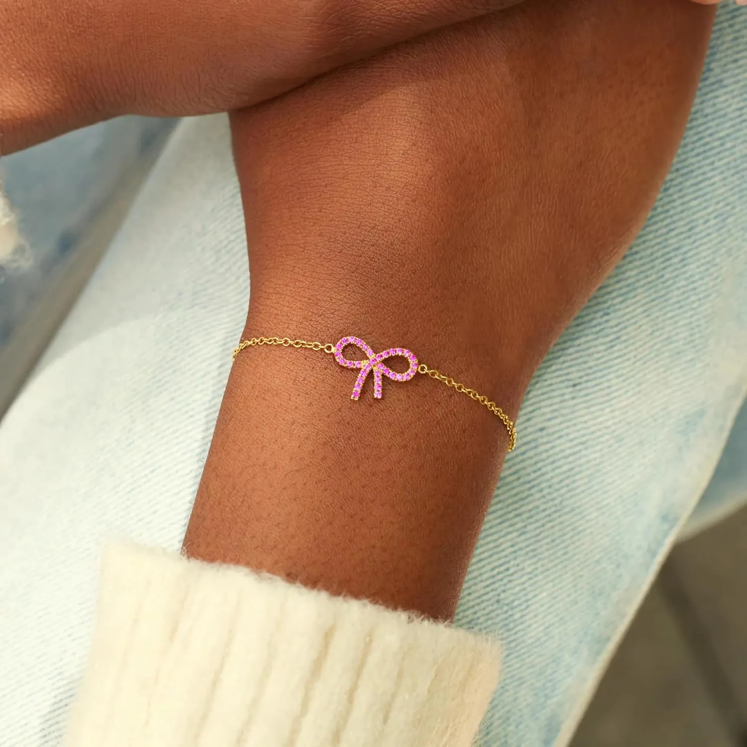 Bow Bracelet for Women 925 Sterling Silver 14K Gold Plated Adjustable Charm Bracelet Cute Dainty CZ Knot Friendship Link Bracelets Jewelry Birthday Graduation Gifts