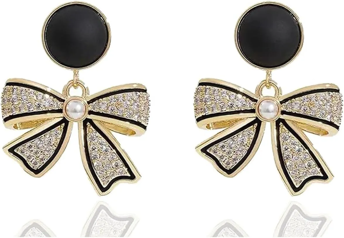 Bow Earrings for Women Black Bow Earrings Pearl Bow Earrings Rhinestone Bow Earrings Stud Earrings for Women Dainty Small Bow Earrings Hypoallergenic Black Earrings Trendy Bow Jewelry for Women