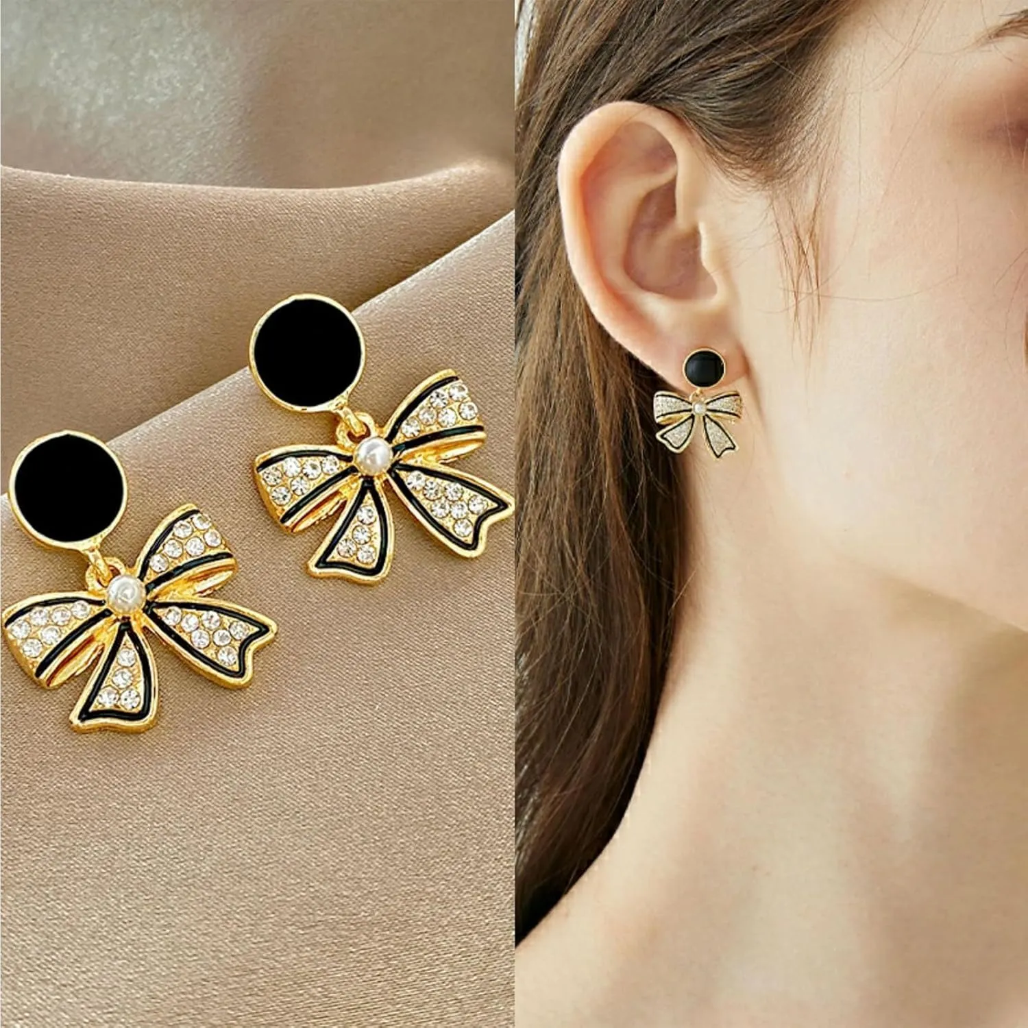 Bow Earrings for Women Black Bow Earrings Pearl Bow Earrings Rhinestone Bow Earrings Stud Earrings for Women Dainty Small Bow Earrings Hypoallergenic Black Earrings Trendy Bow Jewelry for Women