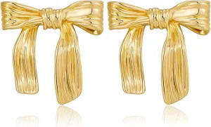 Bow Earrings Gold for Woman, Christmas Fashion Ribbon Bow Drop Stud Earrings Vintage Statement Hypoallergenic Present Jewelry Gifts