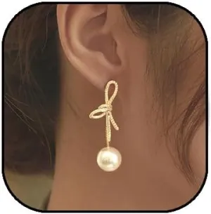 Bow Pearl Earrings for Women Crystal Bow Earrings 14K Gold Bowknot Dangle Drop Earring Dainty Statement Pearl Earring Jewelry Gifts